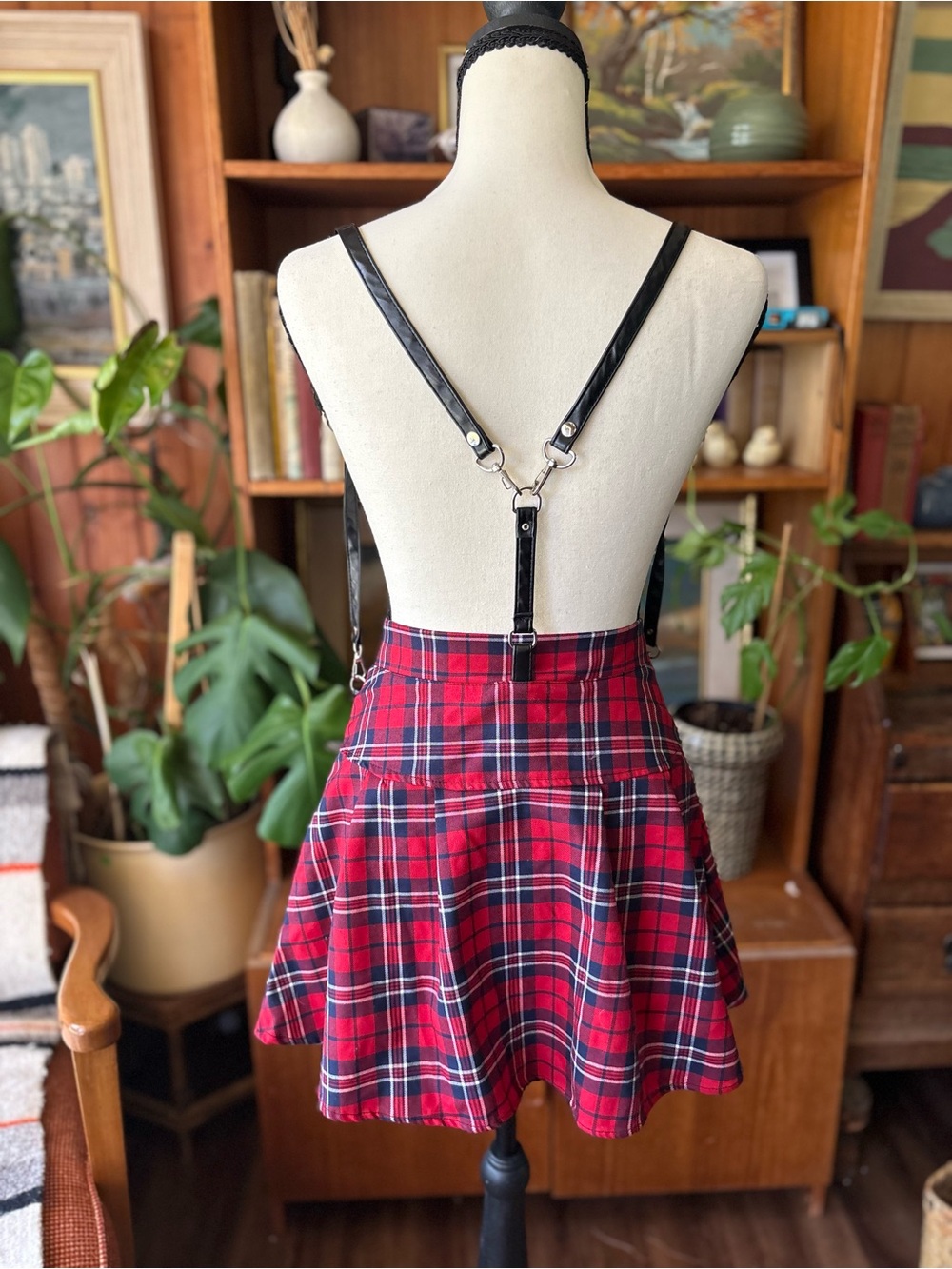 GOTH PUNK GRUNGE Red Plaid Suspender Pleated Cotton Mini Skirt O-Ring Zipper M - Picture 5 of 6